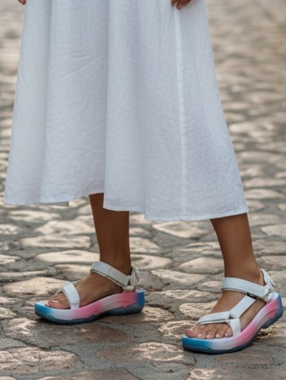 Teva White Sandals with Pink-to-Blue Ombre Platform Hurricane Wedge NEW